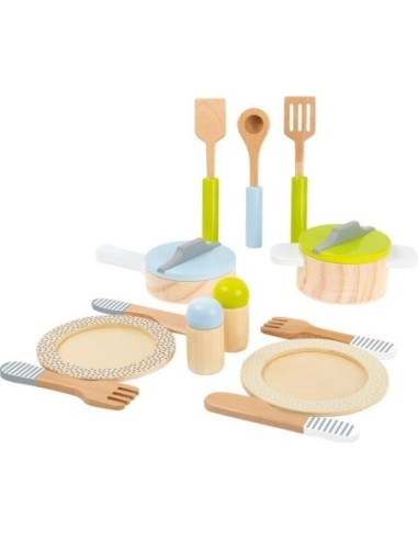 Jeu imitation Service de table et casseroles en bois